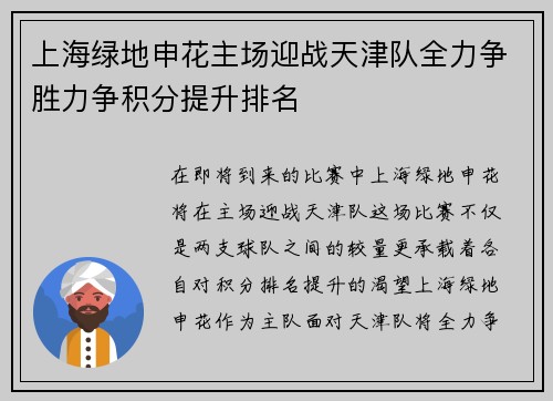 上海绿地申花主场迎战天津队全力争胜力争积分提升排名