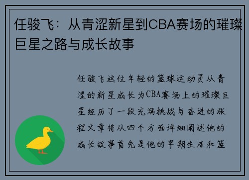 任骏飞：从青涩新星到CBA赛场的璀璨巨星之路与成长故事