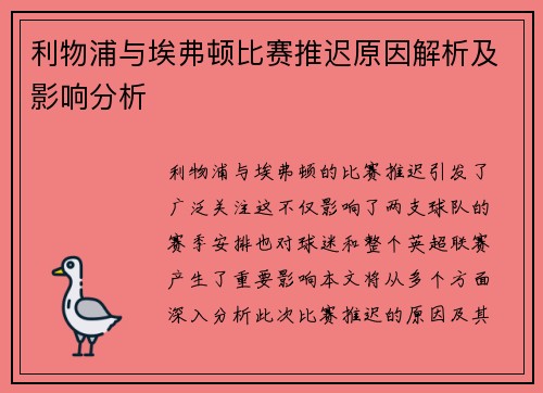 利物浦与埃弗顿比赛推迟原因解析及影响分析
